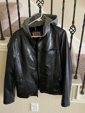 Levi's Black Faux Leather Jacket with Gray Hood Size Small Men’s Used